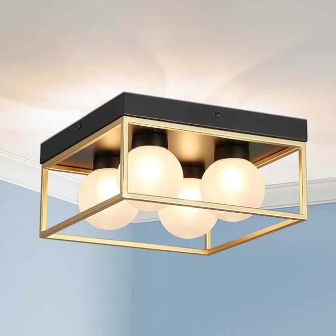AGV LIGHTING Modern Flush Mount Ceiling Light, Black and Gold Ceiling Light Fixture with 4 Frosted Glass Globes, Semi Flush Mount Ceiling Lamp for Bedroom Kitchen Hallway Entryway