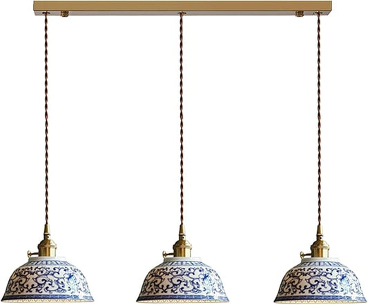 3-Light Ceramic Pendant Light, Chinese Blue and White Porcelain Pendant Light fixtures, Bedside Light, Hanging lamp for Kitchen Island Light Fixture, Home Bedroom Dining Room Ceiling Hanging Light