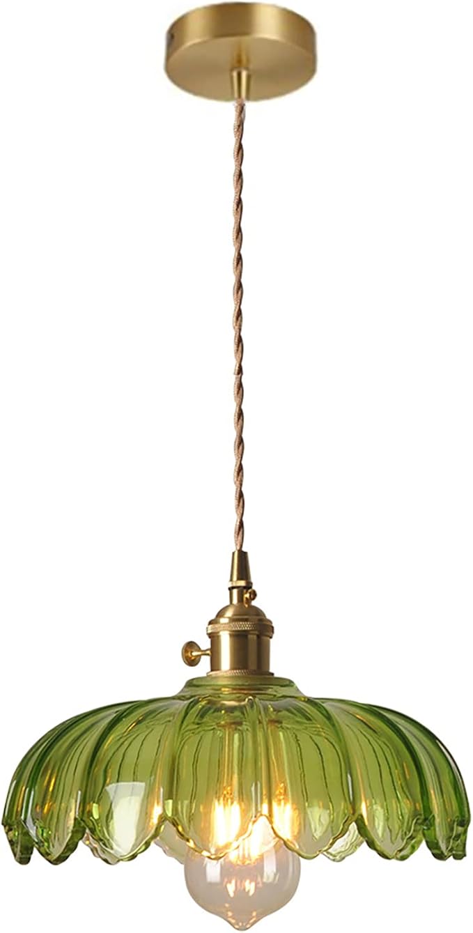 Green Glass Pendant Light Fixtures Medium 9.8 Inches Lampshade Gold Brass Finish and Switch Vintage Pendant Ceiling Lamp Copper Farmhouse Pendant Lighting (Green)