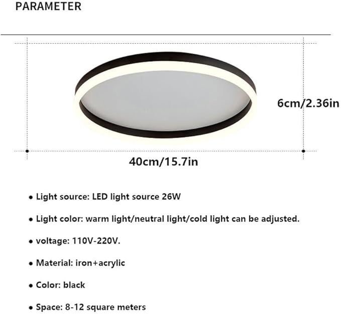 Minimalist Style Black Circle Close to Ceiling Lamp, Adjustable Warm Light/Neutral Light/White Light, Ultra-Thin 2.36in, Ideal for Small Spaces, Balcony, Porch, and Laundry Room Lighting