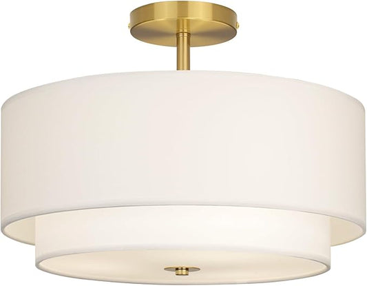 16" Dual Drum Gold 3-Light Semi Flush Mount Ceiling Light, Classic White Fabric Linen Shade Design for Living Room, Bedroom, Kitchen, Dining Room, Hallway and Entryway