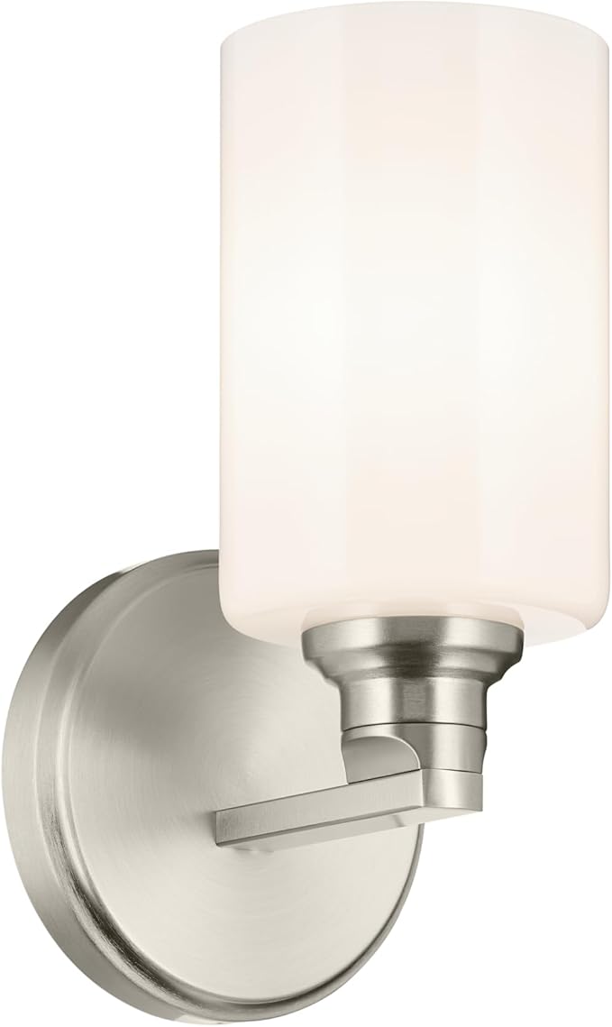 Kichler Gioe 5" 1-Light Wall Sconce with Opal Glass in Brushed Nickel, Damp Rated, for Powder Room, Bathroom, Kitchen, Hallway, Bedroom, Fireplace, (5" W x 9.5" H), 55224NI