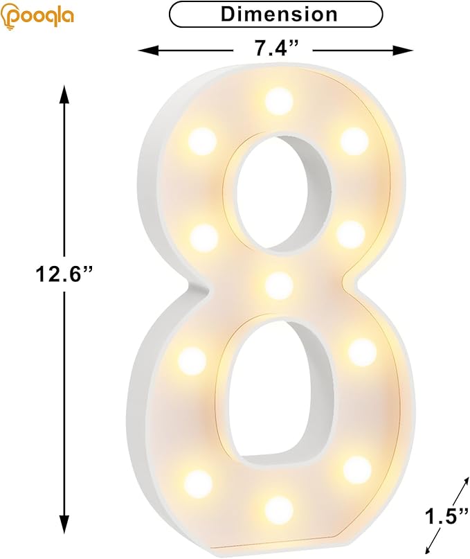 Pooqla Large Light Up Numbers for 8th Birthday Decorations, 12.6 in Tall White Plastic Marquee Numbers Sign Party Decorations, Gift for Girls Boys Night Light Wedding Anniversary Decor, Big Number 8