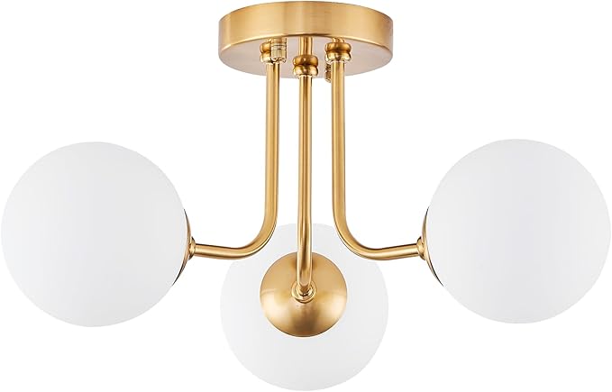 Modern Semi Flush Mount Ceiling Light,Globe Milk Glass Shade Brushed Brass Finish Ceiling Light 3-Light with Ceramic Base,Sputnik Chandeliers for Bedroom Hallway Dining Room Lighting Fixture