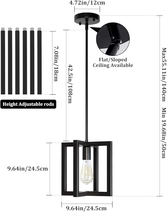 Modern Pendant Lighting for Kitchen Island 1-Light Farmhouse Black Light Fixtures Hanging Adjustable Small Square Chandeliers Ceiling for Dining Room Entryway Hallway