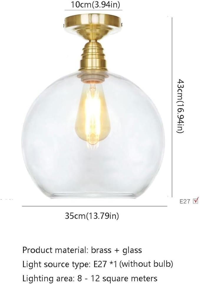 Modern Brass Semi-Flush Mount Ceiling Light, 1-Light Glass Shade Ceiling Lighting, Minimalist Home Kitchen Close to Ceiling Lamp，Nordic Bedroom Entryway Ceiling Light Fixture(Clear,35CM)