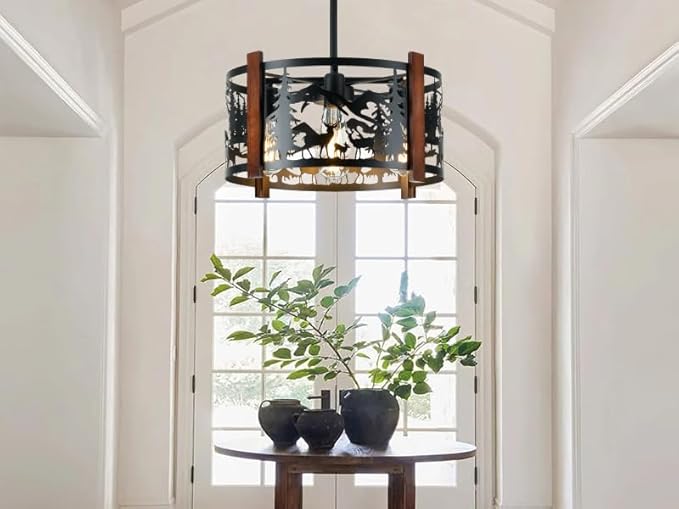 Farmhouse Rustic Deer Ceiling Light Fixtures, 4-Light Round E26 Base Black Metal Wooden Fixture for Kitchen, Living Room, Foyer, Bedroom, Hallway-‎16.5" L* 16.5" W * 11.8" H
