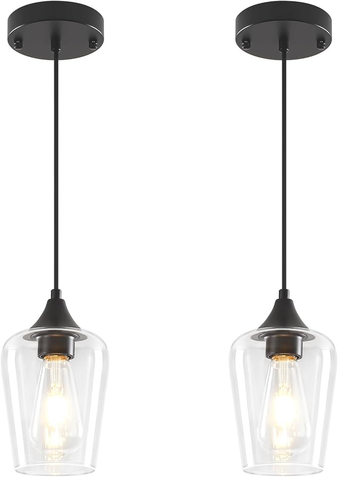 2-Pack Black Pendant Lights Kitchen Island, Modern Glass Pendant Lighting Over Island Kitchen Hanging Light Fixtures Hallway Pendant Lights for Bathroom Dining Room Entryway Foyer Bedroom