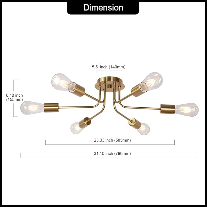 Mid Century Modern Ceiling Lighting Industrial Semi Flush Mount Light Fixture Brushed Brass 6 Light Sputnik Chandelier for Kitchen Dining Room Bedroom Living Room Foyer