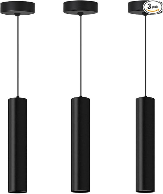 Modern Kitchen Island Black Pendant Light, 1 Light Pendant Line Adjustable Ceiling Pendant with GU10 LED Bulb for Living Room.(3Pack)
