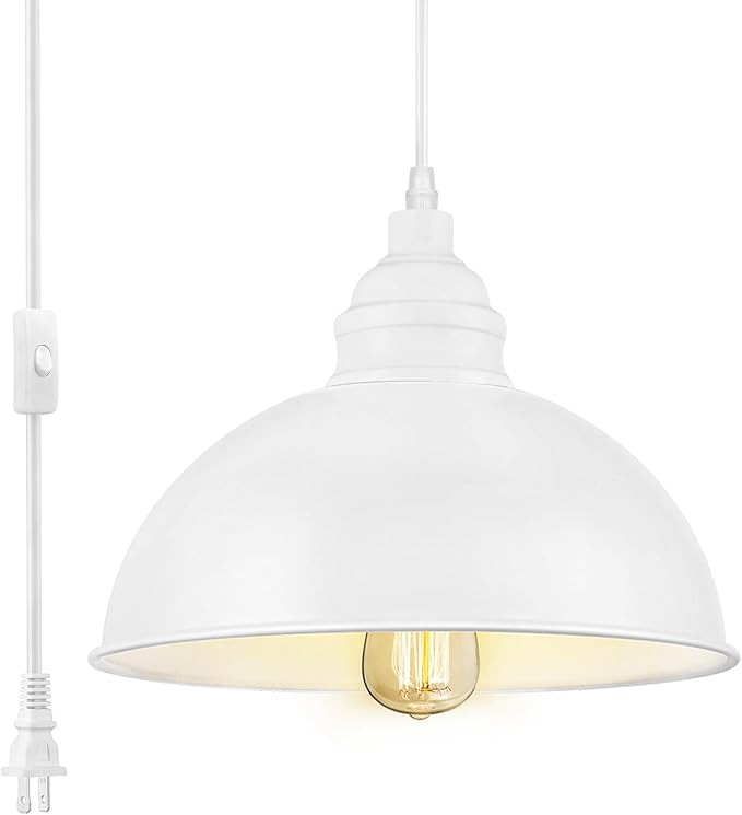 Plug in Pendant Light, 15FT Hanging Lights with Plug in Cord, On/Off Switch, Industrial Pendant Light with Plug in Cord, Metal Hanging Lamps for Living Room, Kitchen, Dining Room-Large White