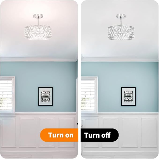 Chrome Crystal Ceiling Light Fixture - Modern Semi Flush Mount Ceiling Light for Hallway, Kitchen Lighting Fixtures Ceiling, Dazzling Prism Chandelier for Foyer Closet Bedroom, 3 Light, 12 in
