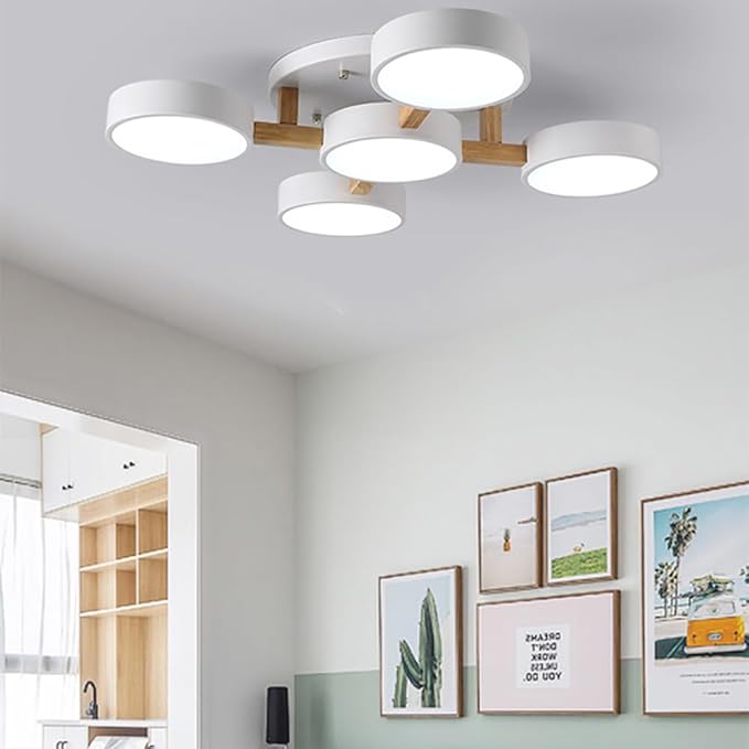 LED Ceiling Light Fixture,32 Inch 5-Lights Modern Ceiling Lights Flush Mount Wooden 55W Chandelier for Living Room Bedroom Kitchen,Dimmable 3000K/4000K/6000K Temperatures Selectable, White