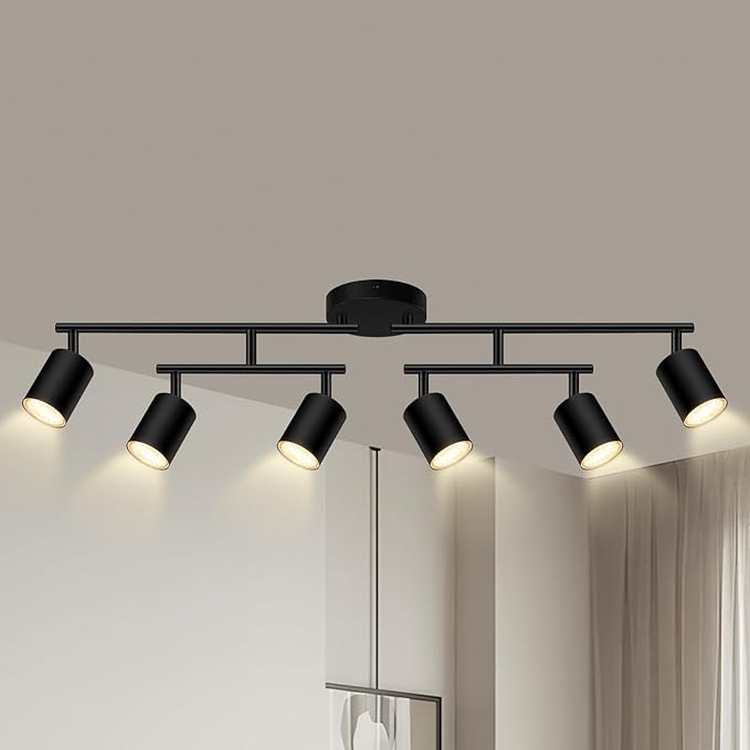 AUQUEE 6 Light Track Lighting Fixtures Ceiling, Matte Black Kichen Track Lighting Fixtures with Rotatable Light Heads, Upgrade Light Poles, Modern LED Sopt Lights for Kitchen/Hallway, No GU10 Bulb