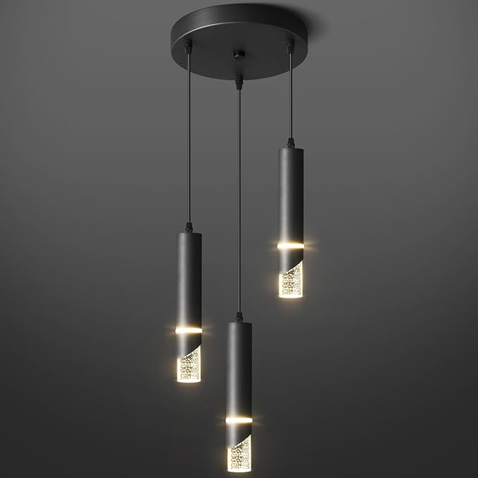 Modern Black Crystal Pendant Ceiling Lamp - 3-Light 36Waht Pendant Light Fixtures - Dimmable Hanging Chandelier Lighting for Dining Room Bedroom - Stylish Kitchen Island Light Fixture