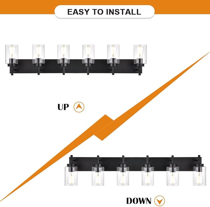 VINLUZ 6-Light Bathroom Vanity Light Fixture Black Modern Wall Lighting with Clear Glass Shade Industrial Sconces Wall Mounted Lamp for Kitchen Dining Room (Patent No.: US D958,438 S)