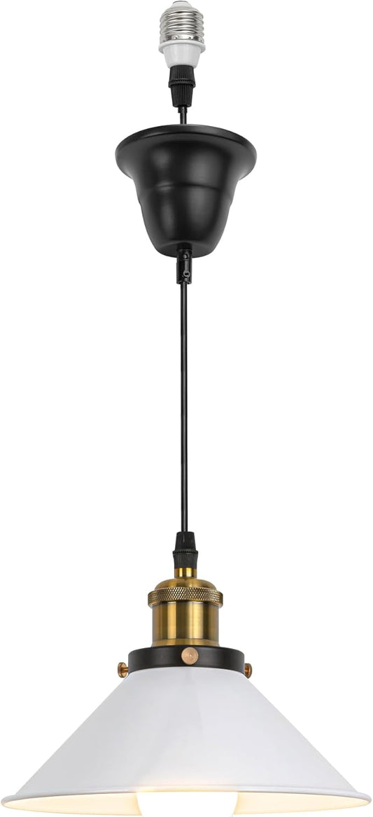 1 Pcs Ceiling Lights Conversion Pendant E26 Base Connections Adjusted Wire Length Cone Metal White Lampshade Industrial Style Conversion Kit for E26 Ceiling Lamp Fixtures