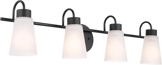 Kichler Erma 4-Light Bathroom Vanity Light Fixture with Satin Etched Glass Shades, Updated Traditional Wall Mount Lighting in Black for Mirror Above Vanity (32.5" x 8.5"), 55127BK