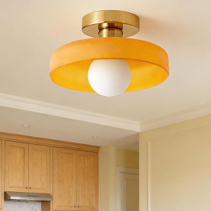 Brass Gold Semi Flush Mount Ceiling Light Fixture Vintage Glass Pendant Light Orange Dome Shade Bedroom Mid Century Modern Close to Ceiling Lights Hallway Overhead Lights Fixtures