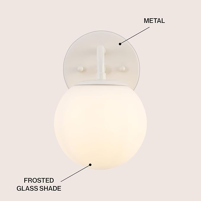 JONATHAN Y 5.75" Almond Modern Globe Wall Sconce Vanity Light for Bathroom, White 1-Light Frosted Glass Shade, Midcentury Parisian Bistro Wall Lamp, LED Bulb Included (JYL3534C)