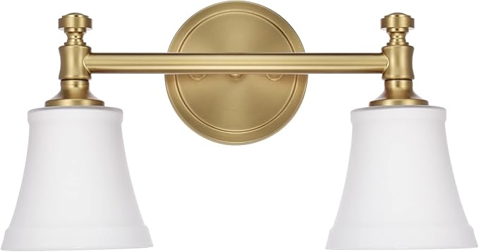 Gold Bathroom Vanity Light Fixtures, Traditional Aged Brass 2 Lights Wall Sconce Lighting with Opal Glass Shade, Porch Wall Mount Light Fixture for Bathroom, Mirror Cabinets Hallway Stairs