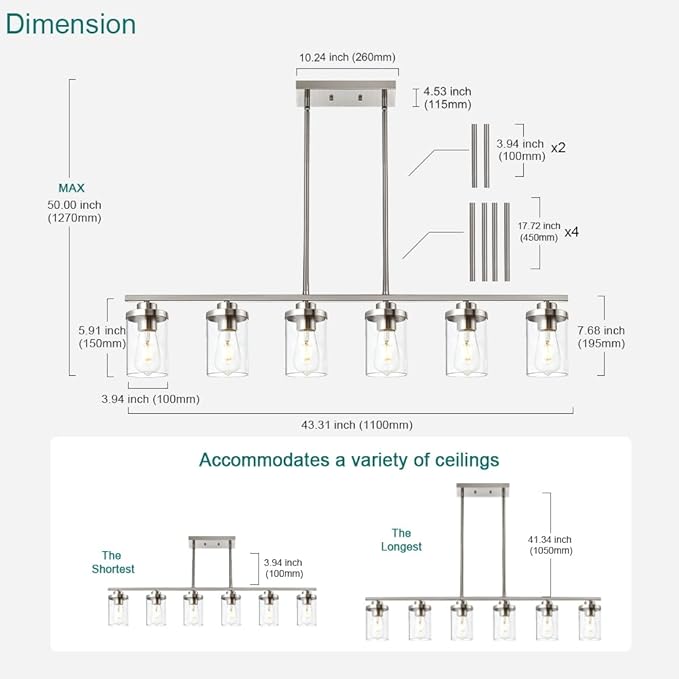 6 Light Pendant Lights Kitchen Island,Brushed Nickel Farmhouse Island Lighting Fixture Clear Glass Shade Pendant Lighting for Living Room Hallway Bedroom Dining Hall Office Bar