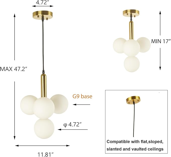 4 Lights Modern Globe Pendant Light Fixture Mid Century Chandelier G9 Bulb Brushed Brass Finished White Globe Glass Shade Dining Kitchen Living Room Lighting (Gold)