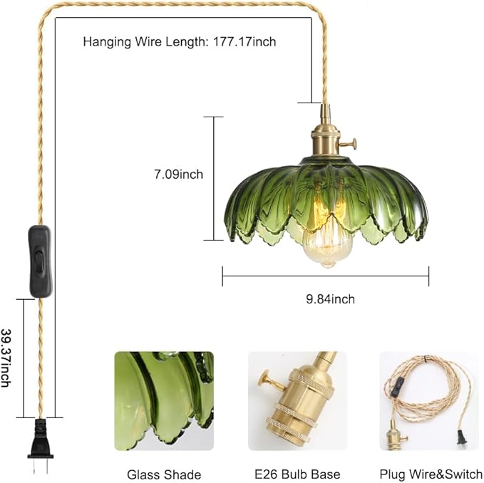 Plug in Pendant Light with Green Glass Lamp Shade Brass Vintage Hanging Light Fixture Adjustable Chandelier for Kitchen Island Dining Room Bedroom Living Room Hallway (Green)