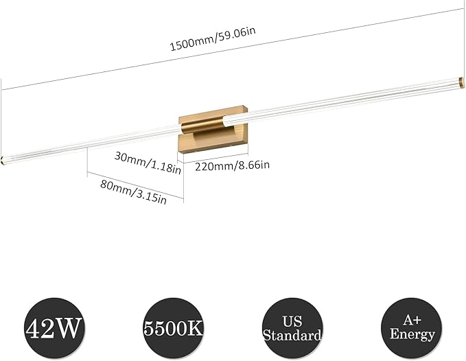 Modern LED Vanity Light, 360° Full Lighting Bathroom Light Fixture Over Mirror, 42W 5500K Cool White, Hardwired Wall Sconce, 59 Inch, Brass