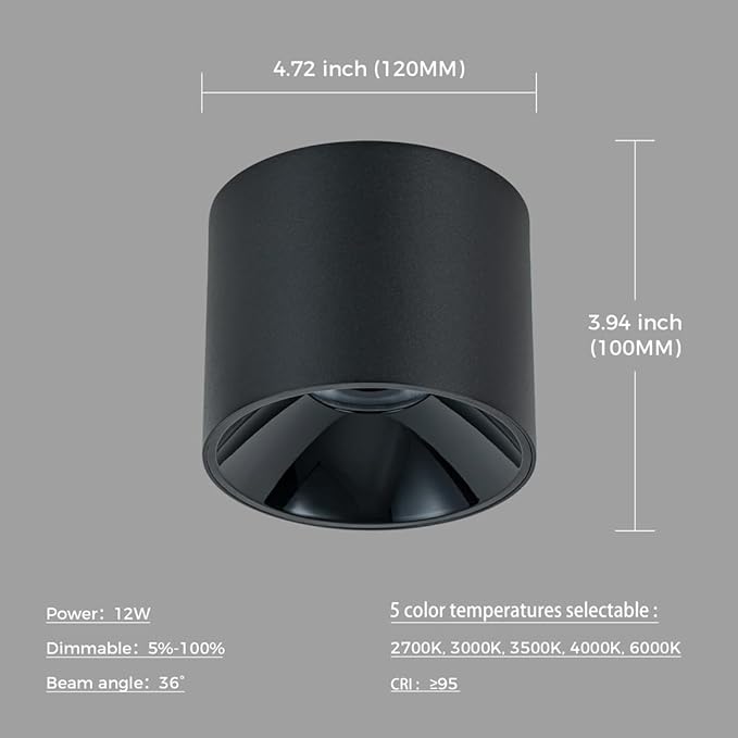4.72'' 12W LED Ceiling Spot lights Dimmable Flush Mount Cylinder Downlight Fixtures,5CCT 2700K-6000K Selectable,CRI 95+ Aluminum Matte Black Cylinder Spotlights Indoor Mini Ceiling Light 4 Pack