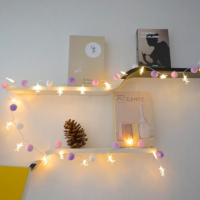ChiRee Indoor String Lights 6.56 Feet Pom Poms Moon Lights 20 LED Battery Operated String Fairy Lights Warm White Globe Lights Colorful Decor Lights for Home Bedroom Kids Playhouse Holiday Christmas