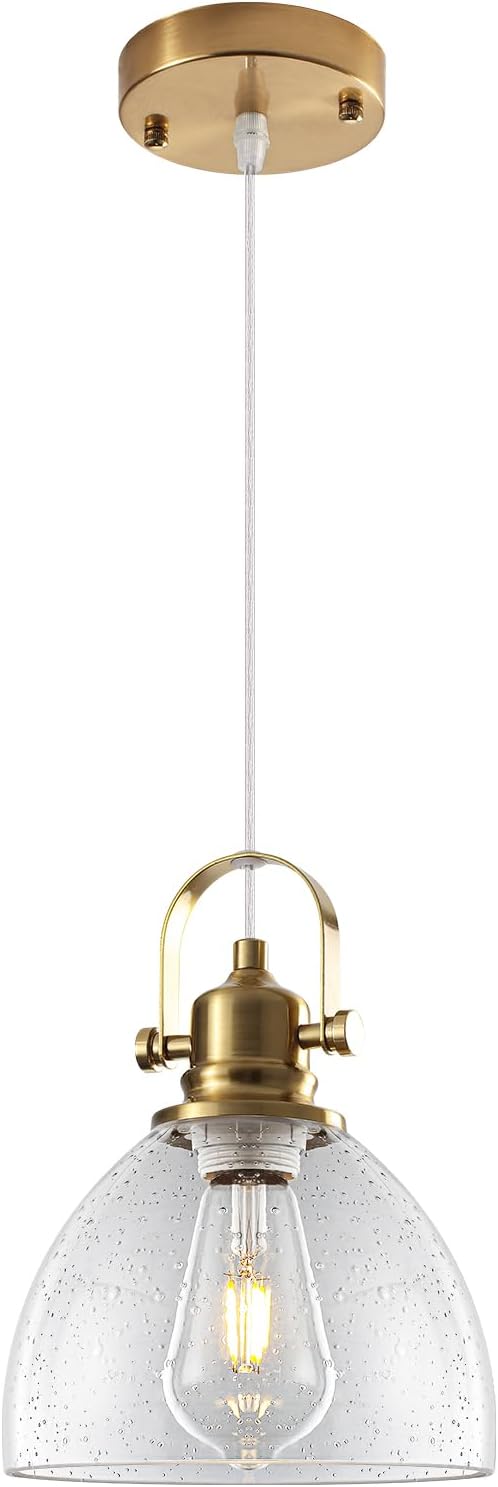 Gold Glass Pendant Lights Kitchen Island, 7.5" Blown Glass Pendant Light, Gold Modern Pendant Lights 1-Pack, Kitchen Hanging Lights for Kitchen Island, Dining Room, Bathroom, Cafe