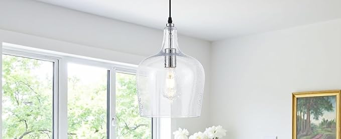 9.25”Chrome Hammered Glass Pendant Light Modern 1 Light Single Dome Pendent Lighting Fixtures for Kitchen Island Dining Room Hallway, UL Listed