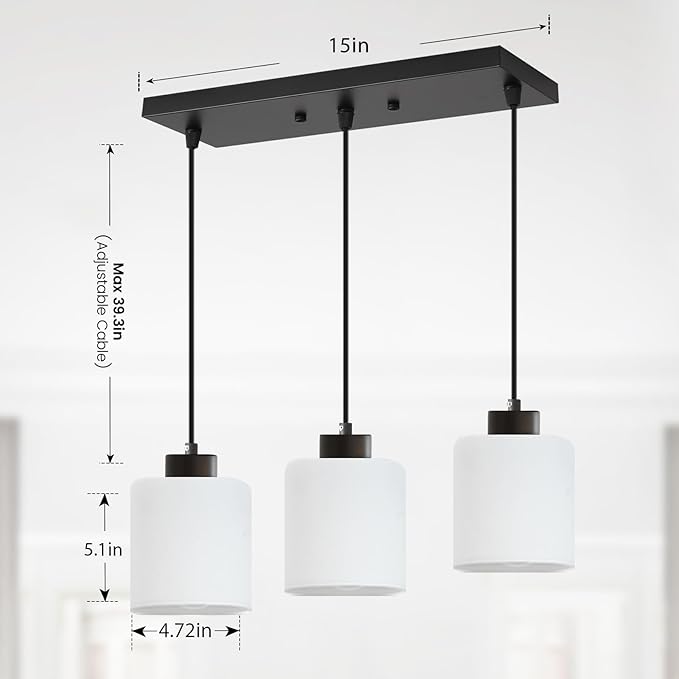 3-Light Pendant Light Fixtures with Milky White Glass, Black Hanging Light Fixture for Ceiling, Adjustable Kitchen Island Light for Dinning Room, Bedroom,Hallway, E26 Base, Bulbs Not Included