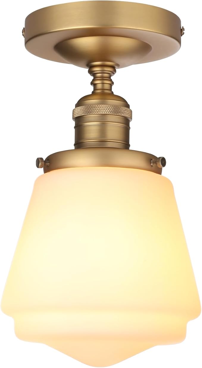Industrial Semi Flush Mount Ceiling Light with Milk White Glass Pendant Lamp Shade, Vintage Close to Ceiling Light Fixture for Porch, Hallway, Entryway, Kitchen, Bedroom, Hotel