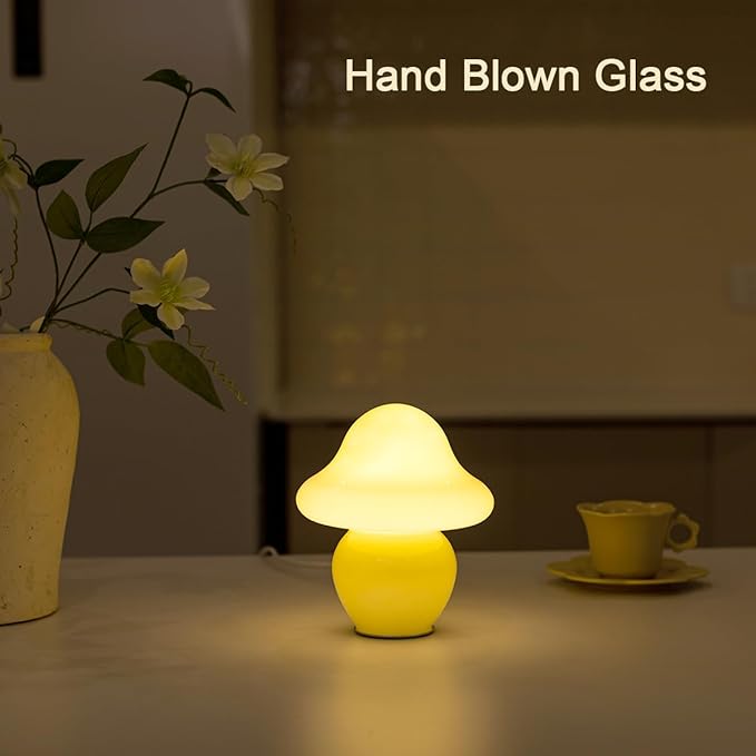 HEQET Mushroom Lamp White Glass Mushroom Table Lamp for Bedrooms, Living Room, Aesthetic Lamps for Bedroom, Cute Bedside Lamp (Yellow)