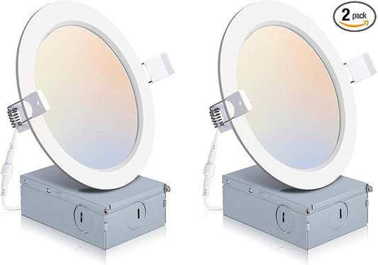 2 Pack Recessed Lighting 6 Inch with Junction Box, 2700K/3000K/4000K/5000K/6000K Dimmable Flush Mount Ceiling Light, 15W 1200lm Canless Recessed Lighting-ETL and Energy Star Certified