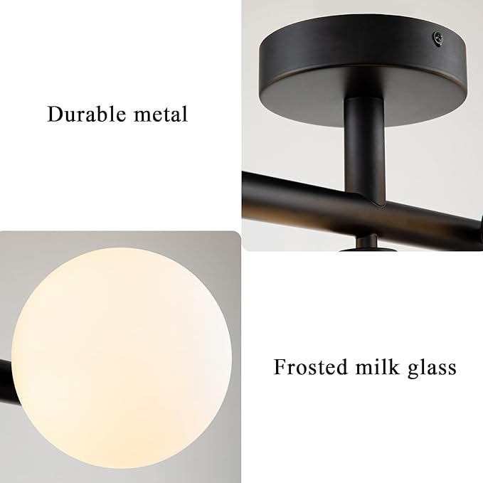 EDISLIVE 3-Light Semi Flush Mount Ceiling Light Frosted Globe, 13in Mid Century Modern Sputnik Light Fixture Ceiling with Milk Glass Shade for Bedroom Entryway Dining Room Black Finished