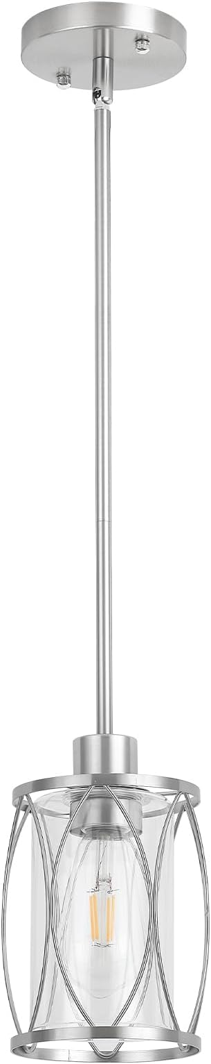 Glass Pendant Lights Kitchen Island Brushed Nickel Pendant Light Fixtures Adjustable Modern Mini Hanging Light with Clear Glass for Sink Dining Room Foyer Entryway Bar, 1 Pack