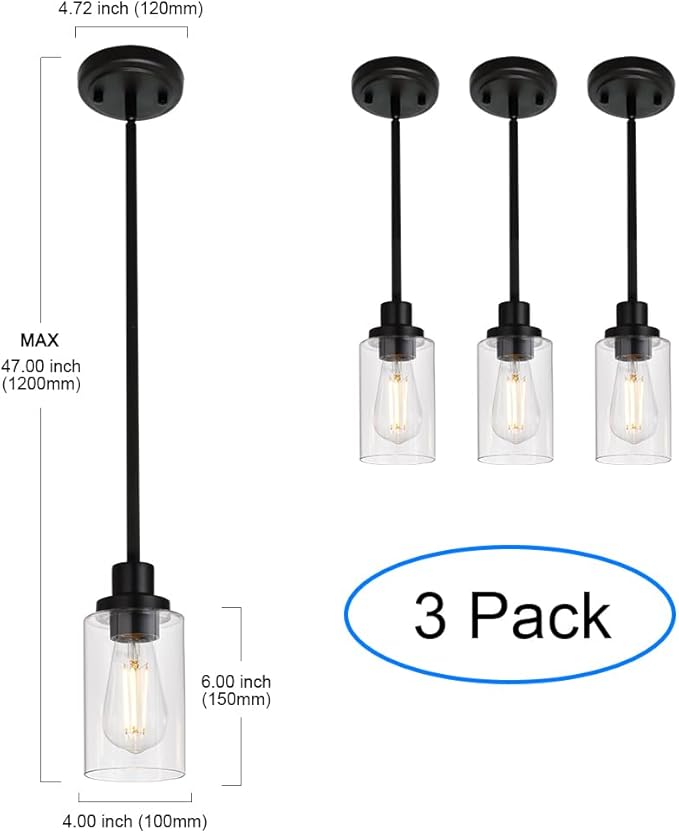 MELUCEE Kitchen Island Pendant Lighting 3 Pack Adjustable Black Hanging Ceiling Lamp with Clear Glass Shade for Bar Dining Room Corridor Living Room Bedside, 1-Light
