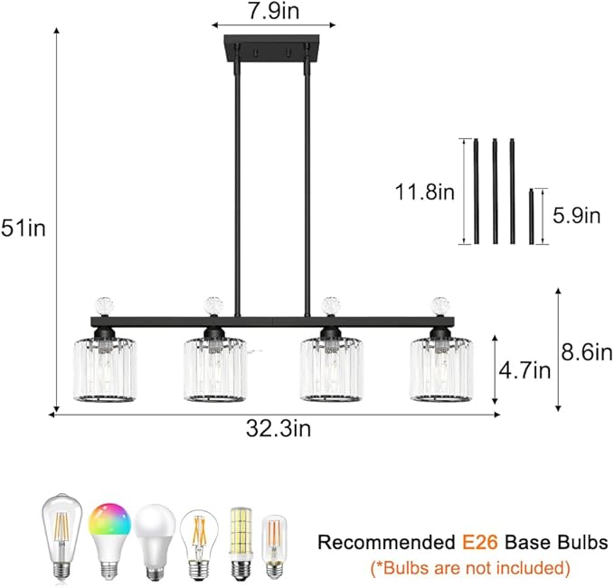 Lxybcce 32" Crystal Island Light for Kitchen Over Table, 4-Light Black Linear Pendant Light for Dining Room, Modern Ceiling Hanging Chandelier with Adjustable Height & Clear Crystal Shades, E26 Base