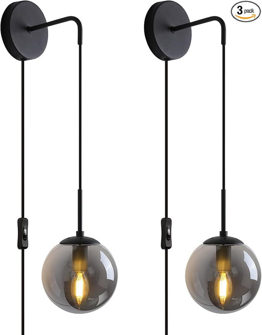 KUZZULL Wall Sconces Set of Two Matte Black Wall Lights for Bedroom Plug in Wall Sconces Set of 2 with Globe Smoke Grey Glass Shade Wall Lamp with Plug in Cord Sconces Wall Decor Set of 2 with Switch
