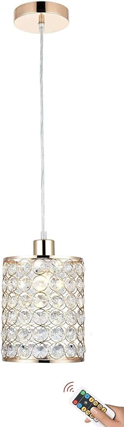 Battery Operated Pendant Lights with Remote 1 Pack, Rechargeable Pendant Light Not Hardwired,Crystal Glass Chandelier Cordless Ceiling Hanging Lamp for Kitchen Island Dining Room Table