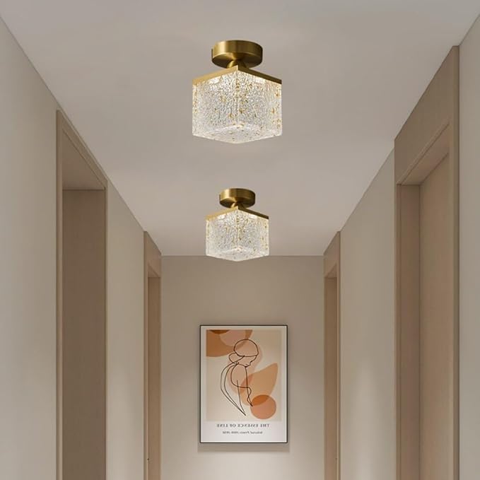 KISAD Nordic Bedroom Semi Flush Mount Ceiling Light Fixtures Modern Minimalist Hallway LED Close to Ceiling Lamp for Entryway Balcony(Gold Leaf,Square)