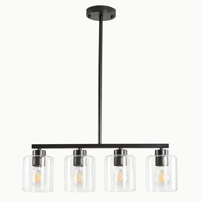 4-Light Kitchen Island Lighting, Black Pendant Light Fixture, Farmhouse Dining Room Light Fixtures Over Table, Modern Hanging Light Fixtures with Clear Glass, E26 Base, Bulbs Not Included