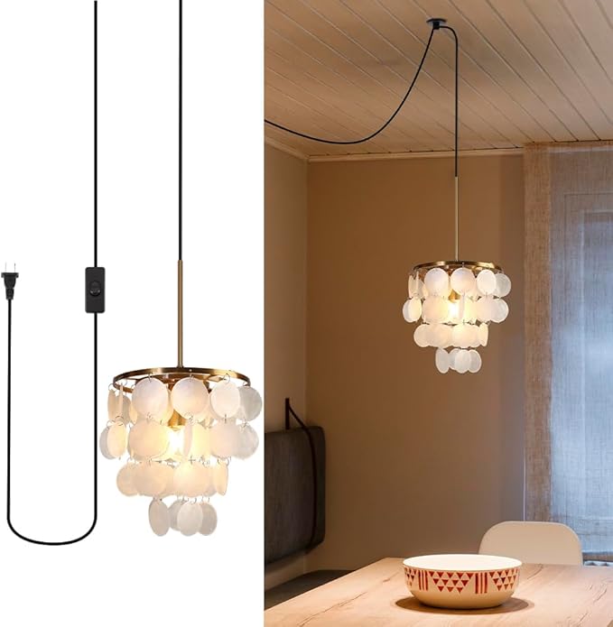14.76ft Shells Pendant Light Fixture, 1-Light Plug in Capiz Shell Pendant Light with ON/Off Switch for Kitchen Island, Dining Room, Bedroom Room, Coastal House, Brass