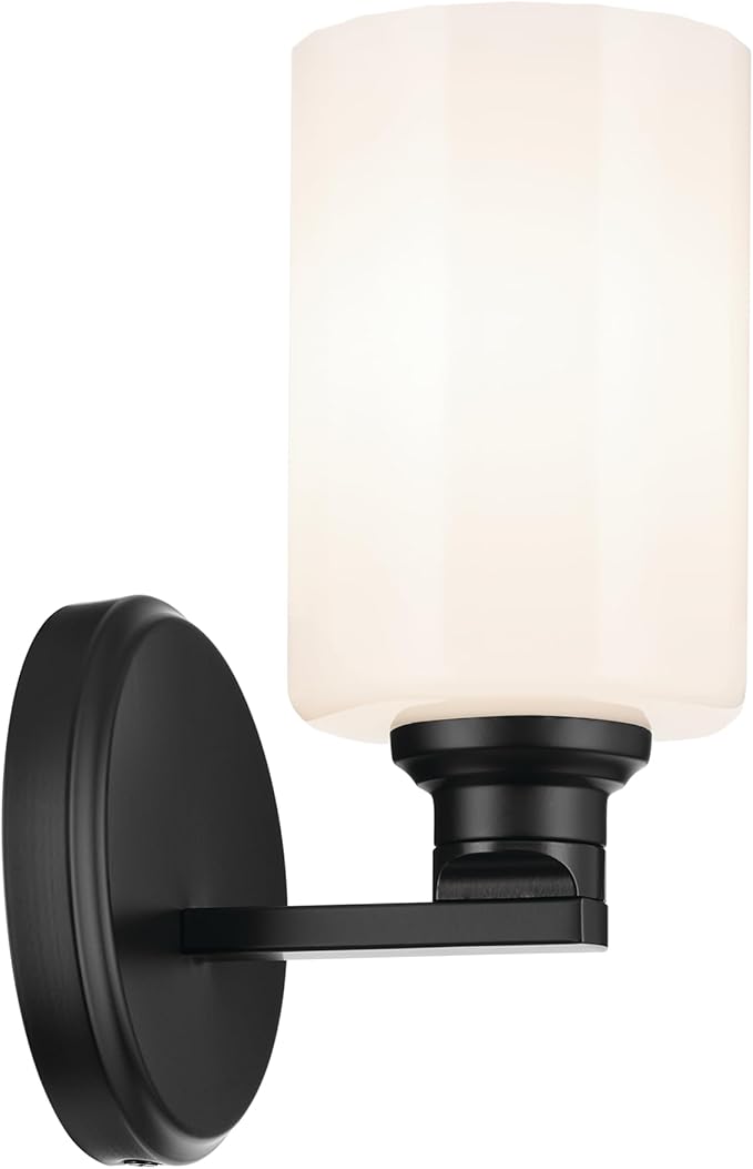 Kichler Gioe 5" 1-Light Wall Sconce Bathroom Light Fixture with Opal Glass in Black, Damp Rated for Powder Room, Kitchen, Hallway, Bedroom (5" x 9.5" x 5"), 55224BK