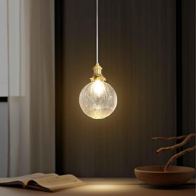 Gold Pendant Lights Kitchen Island with Clear Glass, Vintage 1 Light Gold Glass Globe Pendant Light for Dining Room, Bedroom, Hallway, Farmhouse