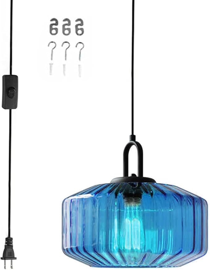 Plug in Hanging Lamp Modern Pendant Light with Plug in Cord Blue Striped Glass Shade Mid Century Pendant Light Fixture Plug in Chandelier Swag Ceiling Lamp for Living Room Bedroom