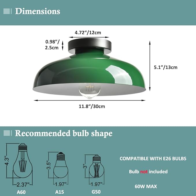 DIRYZON Modern Green Ceiling Light, Macarons Kitchen Lighting Fixtures, Industrial Metal 12-Inch Bedroom Ceiling Light
